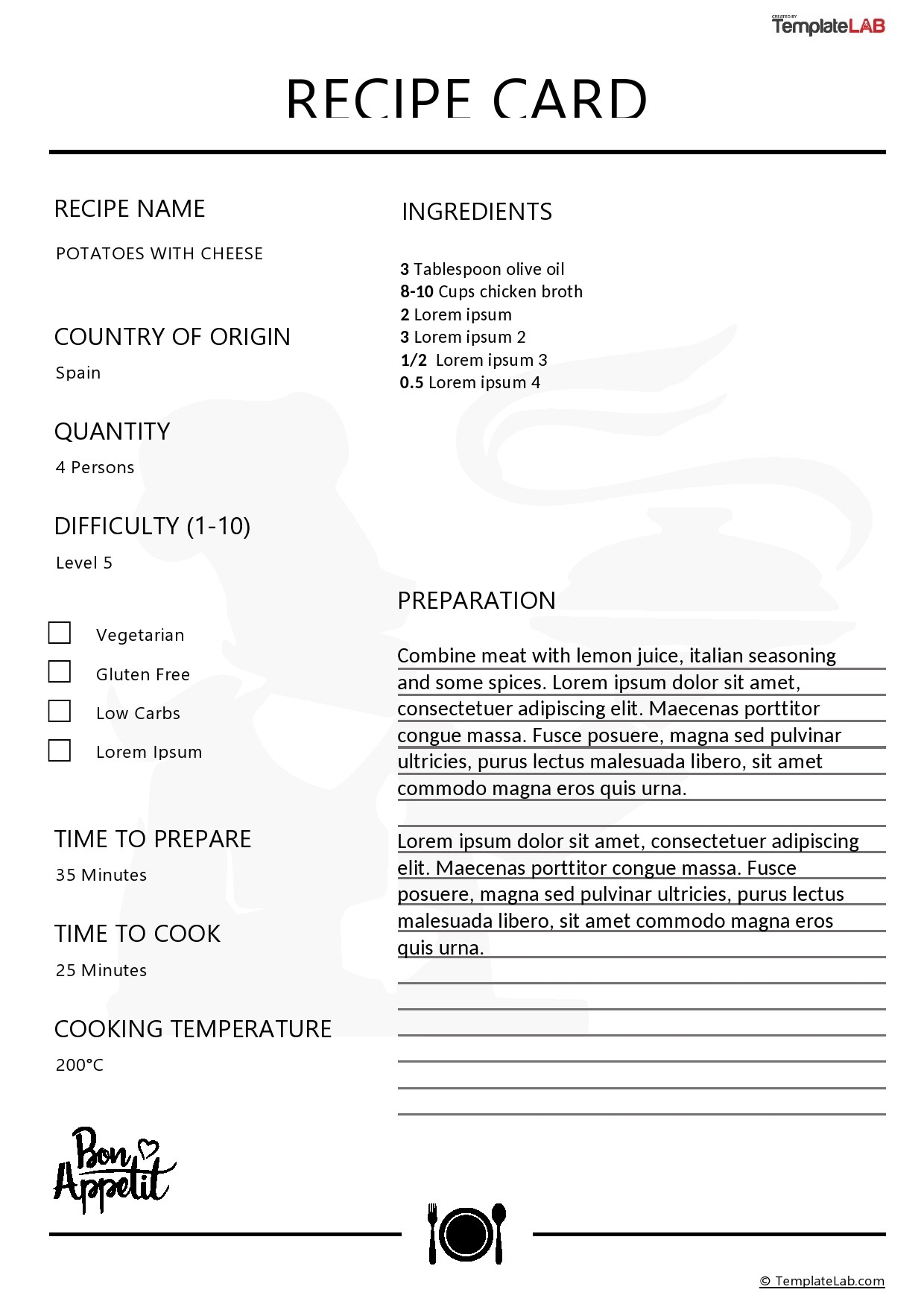 Printable Professional Recipe Template