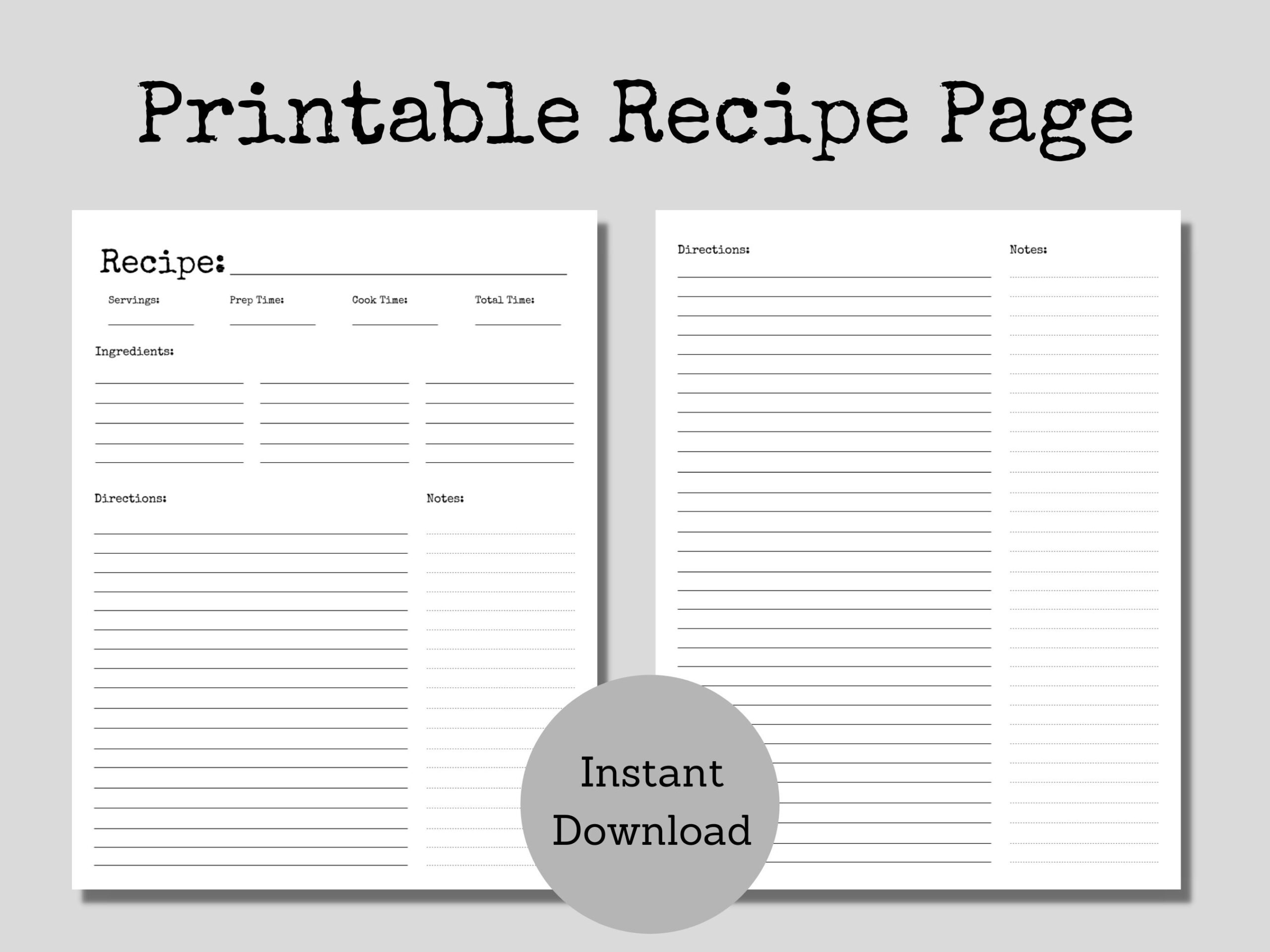 Blank Recipe Page Recipe Card Recipe Template Typewriter Style Etsy
