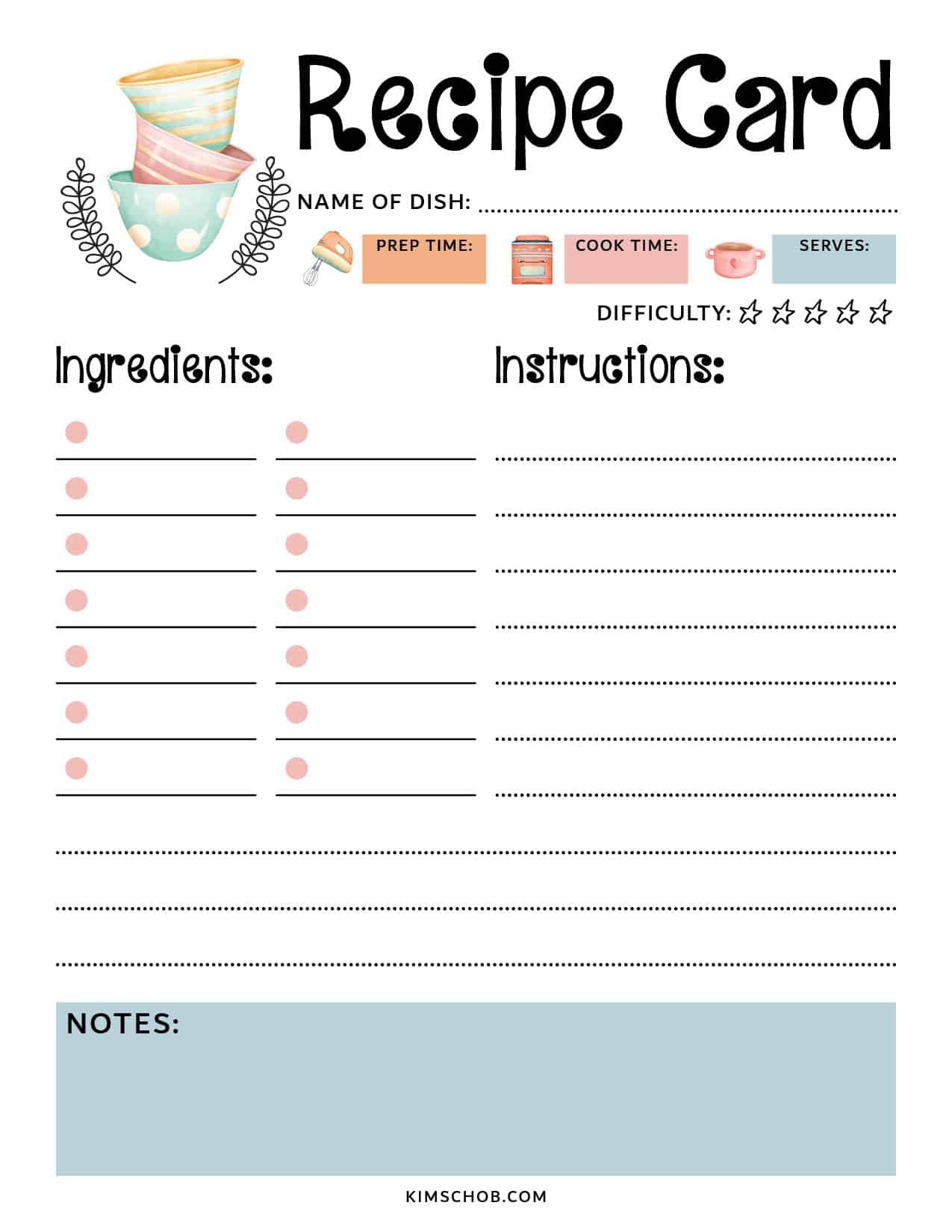 Recipe Card Template Printable