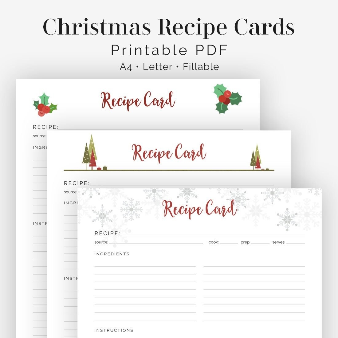 Recipe Card Full Page Christmas Recipe Card Fillable Printable PDF Instant Download Holidays Recipe Page Household Binder Etsy