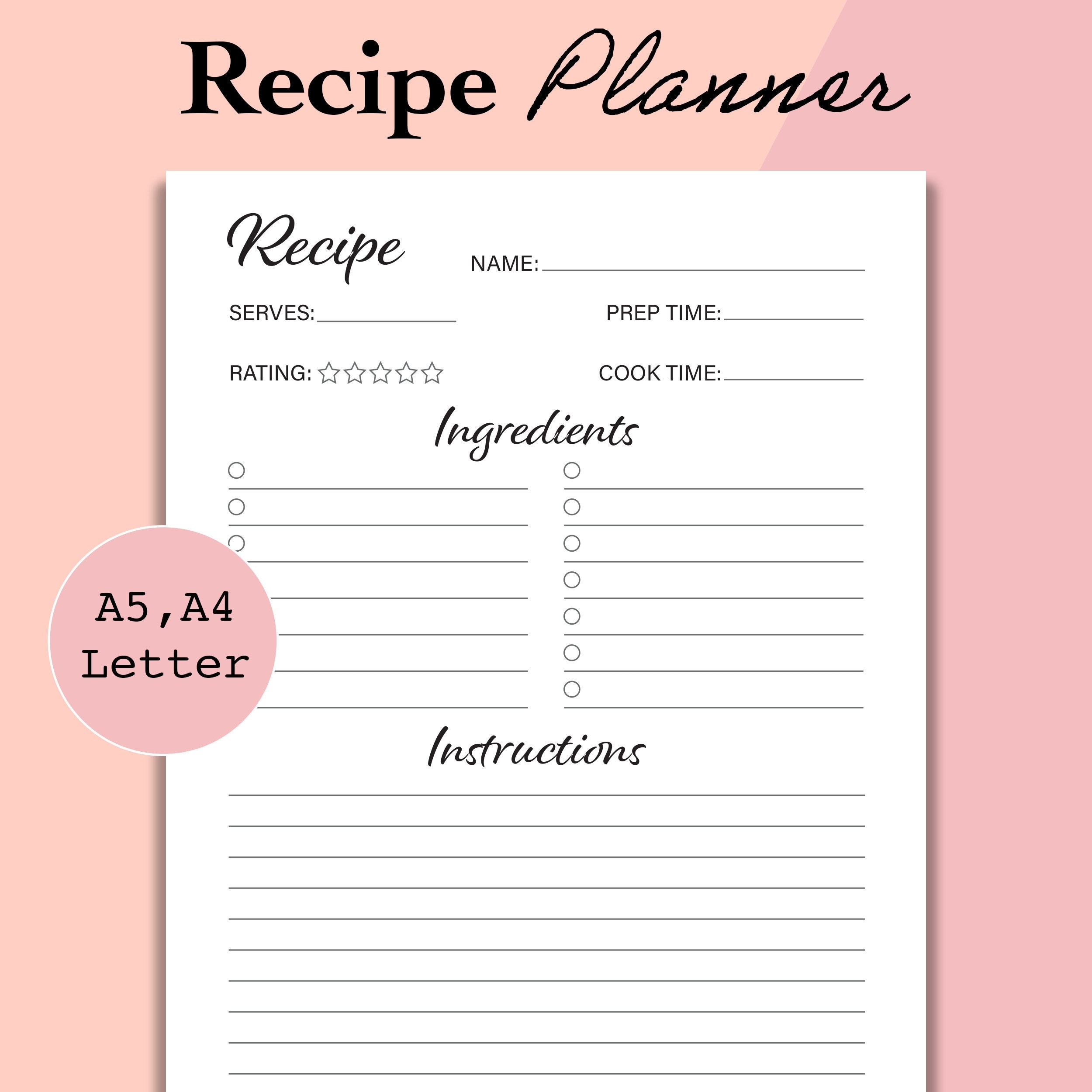 Recipe Printable Page Recipe Template PDF Recipe Planner Insert Recipe Binder Printable A5 Recipe Pages Recipe Card A5 A4 Letter Etsy