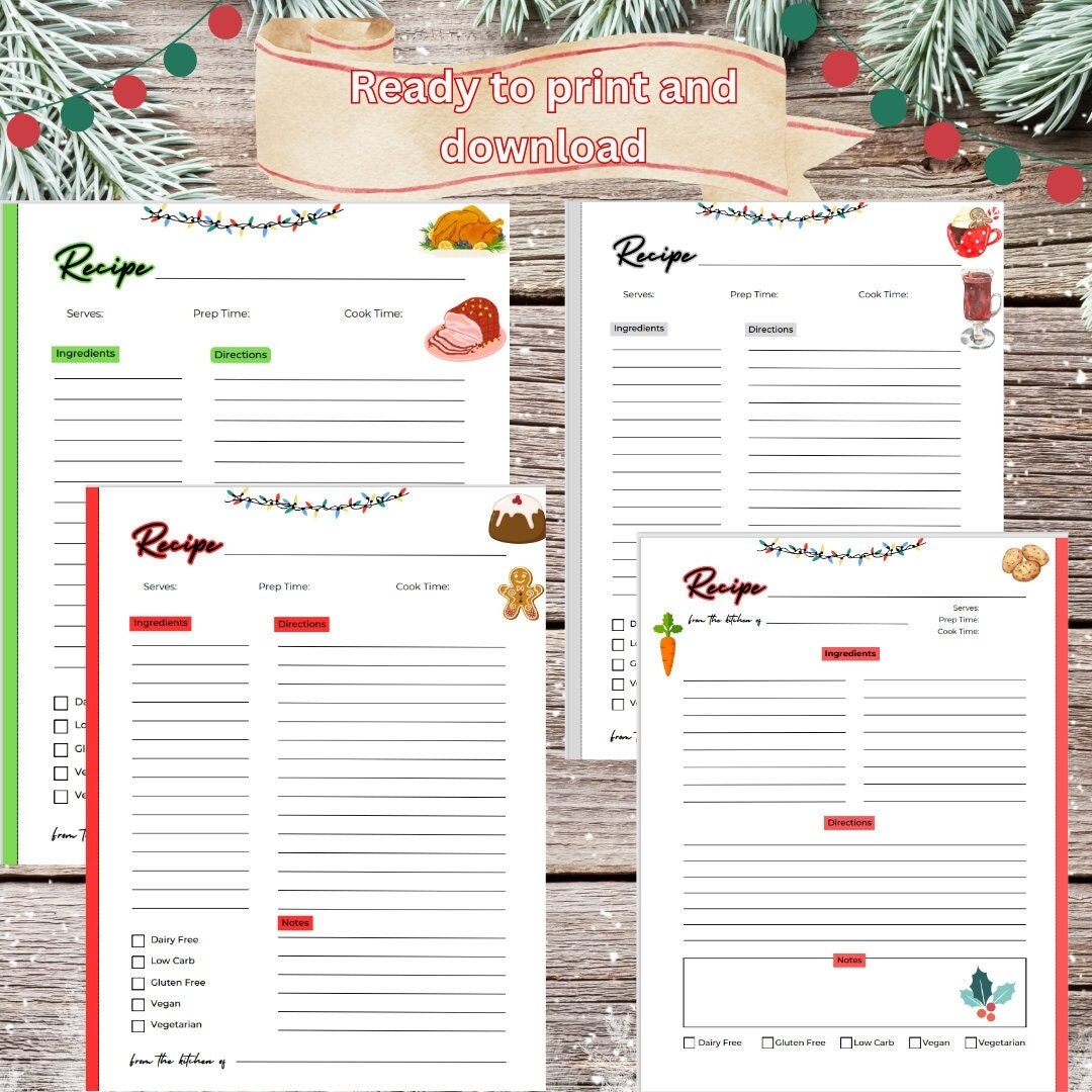 Set Of Four Printable Christmas Recipe Cards Instant Download Etsy
